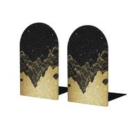 Mexpekil Book Ends Golden Black Kanagawa Waves Wood Bookends For Shelves Non-Slip Bookends Support 2 Pcs Heavy Duty Book Stopper Holder For Office Library School Kids Room