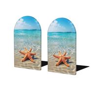 Mexpekil Book Ends Summer Starfish Sea Beach Wood Bookends For Shelves Non-Slip Bookends Support 2 Pcs Heavy Duty Book Stopper Holder For Office Library School Kids Room