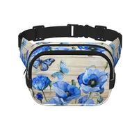 Mexpekil Bumbag Watercolor Blue Poppy Butterfly Wooden Texture Fanny Pack Women Men Waterproof Fashion Waist Packs with Adjustable Strap Crossbody Belt Bag for Running Hiking