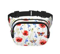 Mexpekil Bumbag Watercolor Red Poppy Blue Flower Butterfly Fanny Pack Women Men Waterproof Fashion Waist Packs with Adjustable Strap Crossbody Belt Bag for Running Hiking