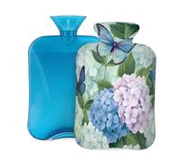 Mexpekil Butterfly Hydrangea Flowers Hot Water Bottle with Cover, 2L PVC Hot Water Bag for Pain Relief, Feet, Back, Warmth