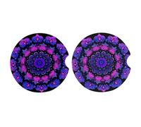Mexpekil Car Coasters for Cup Holders Purple Mandala Floral Absorbent Ceramic Coaster with Cork Base, 2 Pack Non-Slip Drink Coasters for Desk Boat 2.56 In Auto Accessories Gift