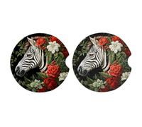 Mexpekil Car Coasters for Cup Holders Zebra Flowers Art Painting Absorbent Ceramic Coaster with Cork Base, 2 Pack Non-Slip Drink Coasters for Desk Boat 2.56 In Auto Accessories Gift