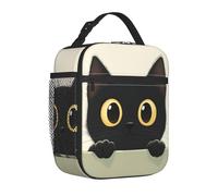 Mexpekil Cartoon Black Cat Looking Insulated Lunch Bag for Women Men Thermal Lunch Box Portable Picnic Cooler Bag with Side Mesh Pocket Adults Lunchbox for Work
