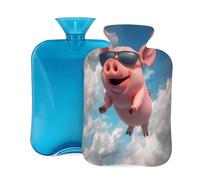 Mexpekil Cartoon Flying Pig Piggy Hot Water Bottle with Cover, 2L PVC Hot Water Bag for Pain Relief, Feet, Back, Warmth