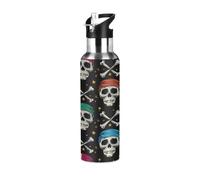 Mexpekil Cartoon Pirate Skull Bones Water Bottles 600ml Insulated Stainless Steel Water Bottle with Straw Leakproof Vacuum Flask for Kids Adults