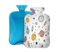 Mexpekil Cartoon Universe Rocket Planets Hot Water Bottle with Cover, 2L PVC Hot Water Bag for Pain Relief, Feet, Back, Warmth