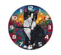 Mexpekil Cat Rose Star White Silent Wall Clock Non Ticking 25cm Round Wall Clocks Battery Operated Modern Decorative Clock for Living Room Kitchen Bedroom Office