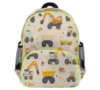 Mexpekil Catoon Construction Trucks Diggers Beige Toddler Backpack for Girls Boys School Bag, Lightweight Waterproof Kids Travel Rucksack for Preschool with Chest Strap Water Bottle Holders
