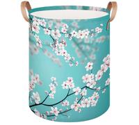 Mexpekil Cherry Blossom Teal Background Laundry Basket Hamper with Handles Waterproof Collapsible Clothes Storage Bucket Toy Organiser for Bathroom Nursery