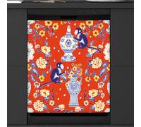 Mexpekil Chinese Porcelain Monkey Animal Flower Dishwasher Magnet Cover 23x26 in, Decorative Waterproof Dishwasher Magnetic Cover Sticker for Kitchen Appliances