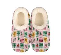 Mexpekil Christmas Holly Leaves Checkered Women's & Men's Slippers with Fluffy Collar Winter Warm House Slippers Anti-Slip Indoor House Shoes Gifts for Mum Dad (Sizes UK 4-5)