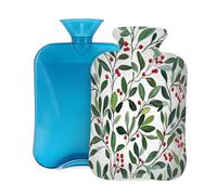 Mexpekil Christmas Mistletoe Red Berries Leaves Hot Water Bottle with Cover, 2L PVC Hot Water Bag for Pain Relief, Feet, Back, Warmth