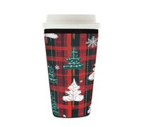 Mexpekil Classic Red Black Plaid Christmas Tree Reusable Iced Coffee Sleeve for Hot Cold Drinks, Insulated Neoprene Beverages Sleeves Cup Cover, Fits 16-18 oz