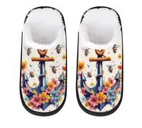 Mexpekil Colorful Anchor Flowers Bees Flying Fluffy Slippers for Women Men L