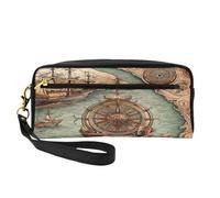Mexpekil Compass Sailboat Compass Pencil Case Travel Makeup Pouch Pen Bag Holder Purse Leather Cosmetic Makeup Brush Bag Stationery Box for Kids Girls Boy School Office Supplies