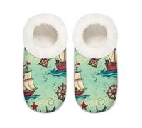 Mexpekil Compass Sailboat House Slippers for Women Men, Vintage Boat Pattern Memory Foam House Shoes Comfy Anti-Slip Slipper Socks for Indoor Bedroom, Sizes 5-6