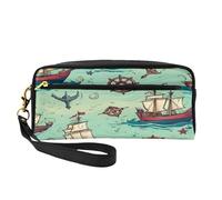 Mexpekil Compass Sailboat Pencil Case Vintage Boat Pattern Travel Makeup Pouch Pen Bag Holder Purse Leather Cosmetic Makeup Brush Bag Stationery Box for Kids Girls Boy School Office Supplies