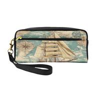 Mexpekil Compass Sailboat Pencil Case Vintage Pattern Travel Makeup Pouch Pen Bag Holder Purse Leather Cosmetic Makeup Brush Bag Stationery Box for Kids Girls Boy School Office Supplies