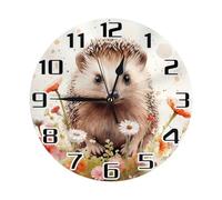 Mexpekil Cure Hedgehog Round Wall Clock, Flower Floral Silent Non-ticking Battery Operated Decor Clocks for Kitchen Living Room Bedroom Desktop Stand Clock Art 25cm