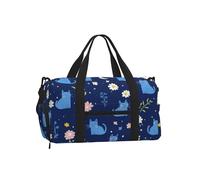 Mexpekil Cute Blue Cats Flowers Gym Bag with Shoe Compartment Waterproof Duffel Bag Large Overnight Weekend Bags Travel Holdall for Women Men Teens