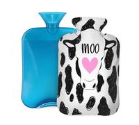 Mexpekil Cute Cow Print Love Heart Hot Water Bottle with Cover, 2L PVC Hot Water Bag for Pain Relief, Feet, Back, Warmth