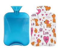 Mexpekil Cute Dachshund Dog Love Heart Hot Water Bottle with Cover, 2L PVC Hot Water Bag for Pain Relief, Feet, Back, Warmth