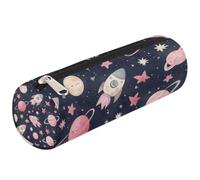 Mexpekil Cute Pink Space Rockets Star Pencil Case for Girls Boys Stationery Pouch Organiser Small School Supply Bag for Students Office