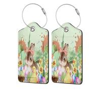 Mexpekil Cute Rabbit Duck Easter Eggs Luggage Tags for Suitcases, 1 Pc Leather Travel Tags for Luggage with Steel Loop Waterproof Name Id Card, Men Women Kids Travel Gift