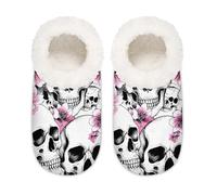 Mexpekil Day Of The Dead Skull House Slippers for Women Men, Cherry Blossom Skull Memory Foam House Shoes Comfy Anti-Slip Slipper Socks for Indoor Bedroom, Sizes 9-10.5