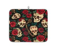 Mexpekil Day of The Dead Skull Rose Dish Drying Mat 16x18 in, Absorbent Kitchen Counter Mats Dish Drainer Pad, Quick Dry Coffee Bar Mat