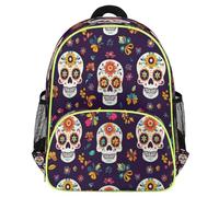 Mexpekil Day Of The Dead Sugar Skull Floral Toddler Backpack for Girls Boys School Bag, Lightweight Waterproof Kids Travel Rucksack for Preschool with Chest Strap Water Bottle Holders