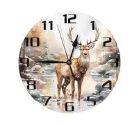 Mexpekil Deer River Tree Silent Wall Clock Non Ticking 25cm Round Wall Clocks Battery Operated Modern Decorative Clock for Living Room Kitchen Bedroom Office