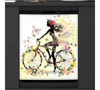 Mexpekil Dishwasher Magnetic Cover, Beautiful Woman Riding Bicycle in Butterfly Bush Magnetic Dishwasher Sticker Cover Magnetic Cover for Dishwasher Kitchen Art Decor