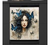 Mexpekil Dishwasher Magnetic Cover, Blue Butterfly Beauty Ink Painting Vintage Magnetic Dishwasher Sticker Cover, 66 X 53 Magnetic Cover for Kitchen Dishwasher Art