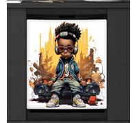 Mexpekil Dishwasher Magnetic Cover, Boy Sitting and Listening to Music with Radio Magnetic Dishwasher Sticker Cover Magnetic Cover for Dishwasher Kitchen Art Decor
