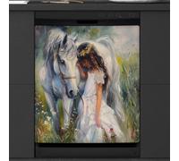 Mexpekil Dishwasher Magnetic Cover, Crying Beauty White Horse Watercolor Magnetic Dishwasher Sticker Cover Magnetic Cover for Dishwasher Kitchen Art Decor