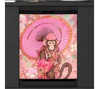 Mexpekil Dishwasher Magnetic Cover, Monkey with an Umbrella Chinese Japanese Style Magnetic Dishwasher Sticker Cover, 66 X 53 Magnetic Cover for Kitchen Dishwasher Art