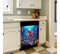 Mexpekil Dishwasher Magnetic Cover, Red Big Octopus in the Deep Sea Magnetic Dishwasher Sticker Cover, 66 X 53 Magnetic Cover for Kitchen Dishwasher Art
