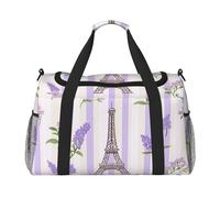 Mexpekil Duffle Bag Lavender Flower Stripes Eiffel Tower Travel Duffel Bag Mens Womens Sports Weekend Overnight Gym Holdall Carry on Bag
