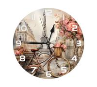Mexpekil Eiffel Tower Bicycle White Silent Wall Clock Non Ticking 25cm Round Wall Clocks Battery Operated Modern Decorative Clock for Living Room Kitchen Bedroom Office