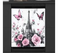 Mexpekil Eiffel Tower Pink Roses Butterfly Dishwasher Magnet Cover 21x26Inch Decorative Dish Washer Sticker for Front Door Waterproof Kitchen Appliance Panel Magnetic Decal