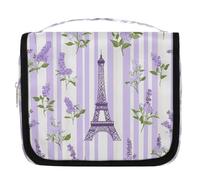 Mexpekil Eiffel Tower Purple Lavender Stripes Toiletry Bag for Women Men Ladies, Waterproof Hanging Travel Wash Bag with Hook, Cosmetic Makeup Bag Organiser