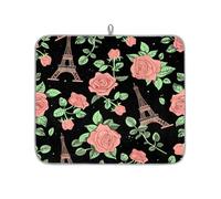Mexpekil Eiffel Tower Rose Floral Dish Drying Mat 16x18 in, Absorbent Kitchen Counter Mats Dish Drainer Pad, Quick Dry Coffee Bar Mat