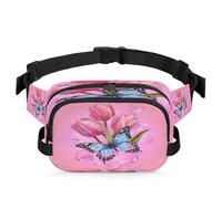 Mexpekil Fanny Pack, Blue Butterfly on Pink Tulips Art Printing Two Way Zipper Belt Bag Water Repellent Waist Packs Crossbody Bags with Adjustable Strap