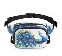 Mexpekil Fanny Pack, Blue Peacock with Open Ccreen Animal Watercolor Painting Two Way Zipper Belt Bag Water Repellent Waist Packs Crossbody Bags with Adjustable Strap