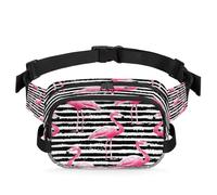 Mexpekil Fanny Pack, Pink Flamingo Black and White Stripes Two Way Zipper Belt Bag Water Repellent Waist Packs Crossbody Bags with Adjustable Strap