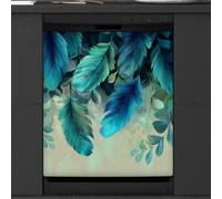 Mexpekil Feathers Teal Leaf Dishwasher Magnet Cover | 23x26inch Reusable Dish Washer Covers Decorative Dishwasher Front Panel Magnetic Cover Sticker for Kitchen Appliances