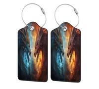 Mexpekil Firey Ice Dragon Fighting Luggage Tags for Suitcases, 2 Pcs Leather Travel Tags for Luggage with Steel Loop Waterproof Name Id Card, Men Women Kids Travel Gift