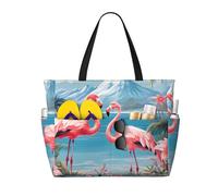 Mexpekil Flamingo Tropical Mountain Large Beach Bags for Women Men Waterproof Sandproof Beach Tote Bag with Zip and Pockets Foldable Summer Holiday Handbags for Travel Pool Seaside